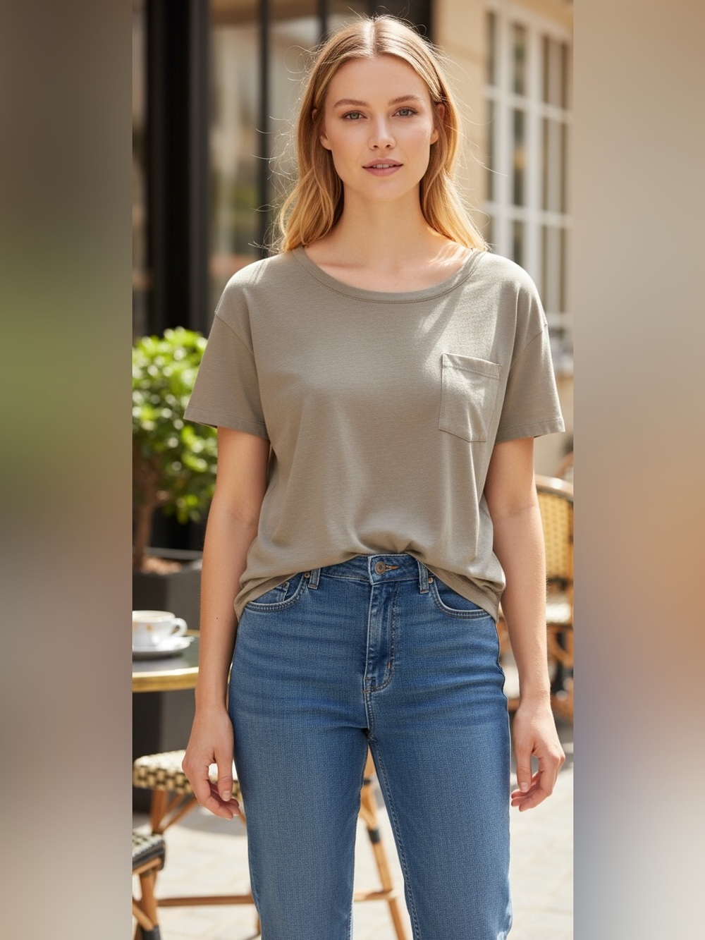 Chaser Khaki Linen Spandex Pocket Tee Small NWT | Soft Stretch Neutral Top